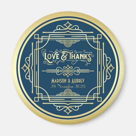 Art Deco Wedding Love & Bedankt Gold Blue Favor Magneet (Voorkant)