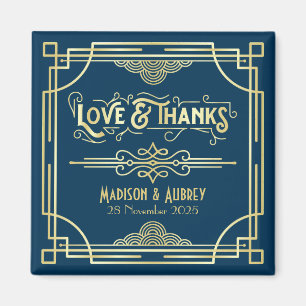 Art Deco Wedding Love & Bedankt Gold Blue Favor Magneet