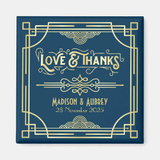 Art Deco Wedding Love & Bedankt Gold Blue Favor Magneet