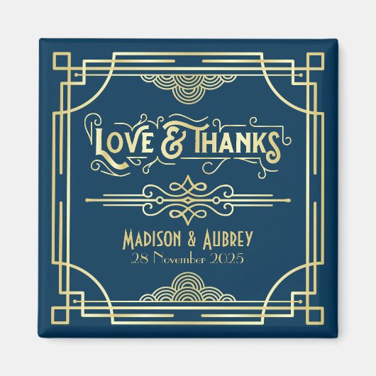 Art Deco Wedding Love & Bedankt Gold Blue Favor Magneet (Voorkant)