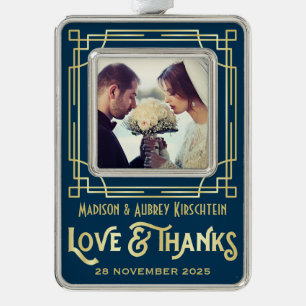 Art Deco Wedding Love & Bedankt Gold Blue Voeg fot Verzilverd Omlijst Ornament