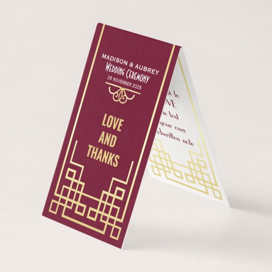 Art Deco Wedding Love & Bedankt Gold Burgundy Favo Kaart (Voorkant)