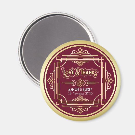 Art Deco Wedding Love & Bedankt Gold Burgundy Favo Magneet (Voorkant / Achterkant)