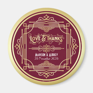 Art Deco Wedding Love & Bedankt Gold Burgundy Favo Magneet