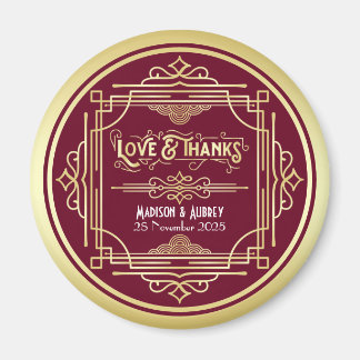 Art Deco Wedding Love & Bedankt Gold Burgundy Favo Magneet