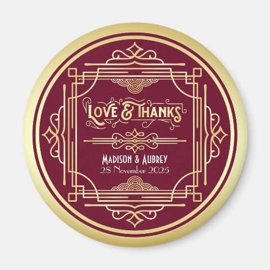 Art Deco Wedding Love & Bedankt Gold Burgundy Favo Magneet (Voorkant)