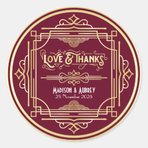 Art Deco Wedding Love & Bedankt Gold Burgundy Favo Ronde Sticker