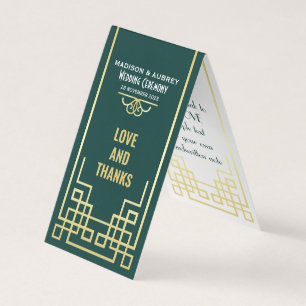 Art Deco Wedding Love & Bedankt Gold Green Favor Kaart