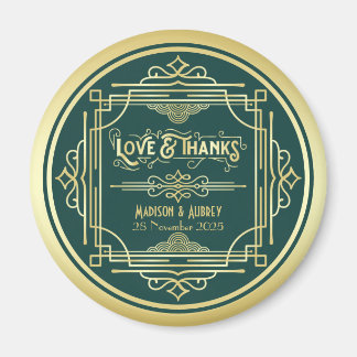 Art Deco Wedding Love & Bedankt Gold Green Favor Magneet