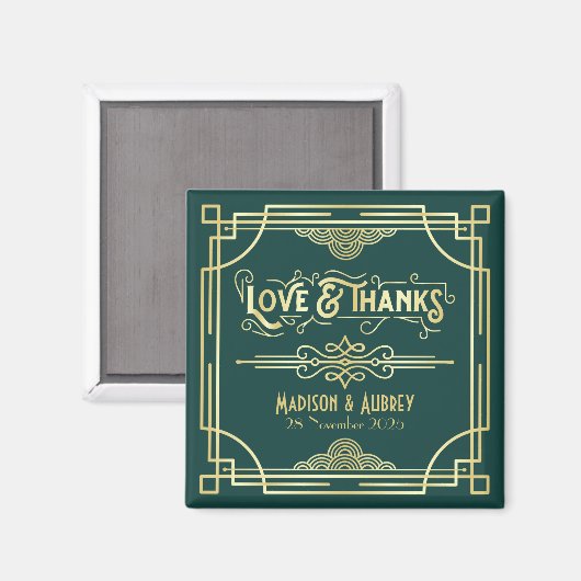 Art Deco Wedding Love & Bedankt Gold Green Favor Magneet (Voorkant / Achterkant)