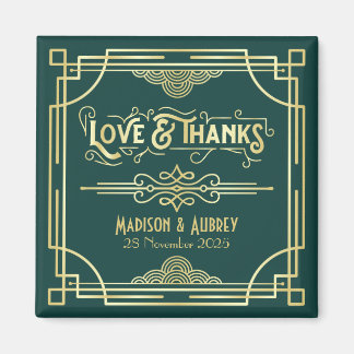 Art Deco Wedding Love & Bedankt Gold Green Favor Magneet