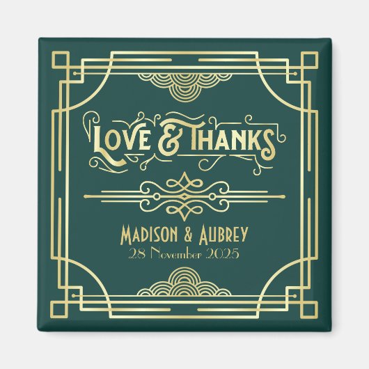 Art Deco Wedding Love & Bedankt Gold Green Favor Magneet (Voorkant)