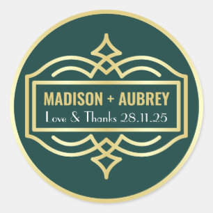Art Deco Wedding Love & Bedankt Gold Green Favor Ronde Sticker