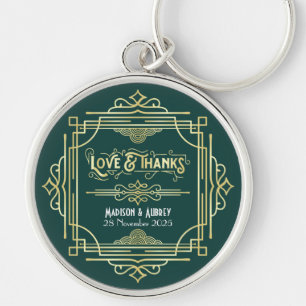 Art Deco Wedding Love & Bedankt Gold Green Favor Sleutelhanger