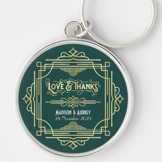Art Deco Wedding Love & Bedankt Gold Green Favor Sleutelhanger (Voorkant)