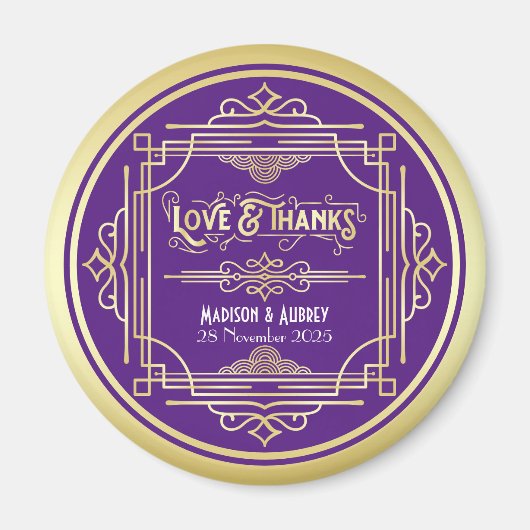 Art Deco Wedding Love & Bedankt Gold Paars Favor Magneet (Voorkant)