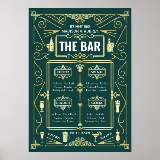 Art Deco Wedding Open Bar Menu Gold Green Party Poster (Voorkant)