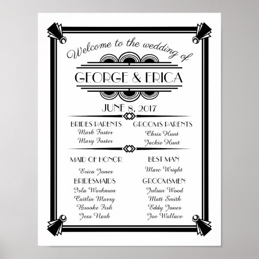 Art Deco wedding program, wedding party silver Poster (Voorkant)