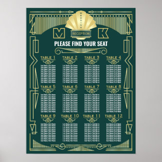Art Deco Wedding Reception Green Seating Chart Poster