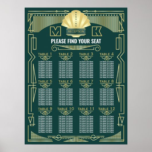 Art Deco Wedding Reception Green Seating Chart Poster (Voorkant)