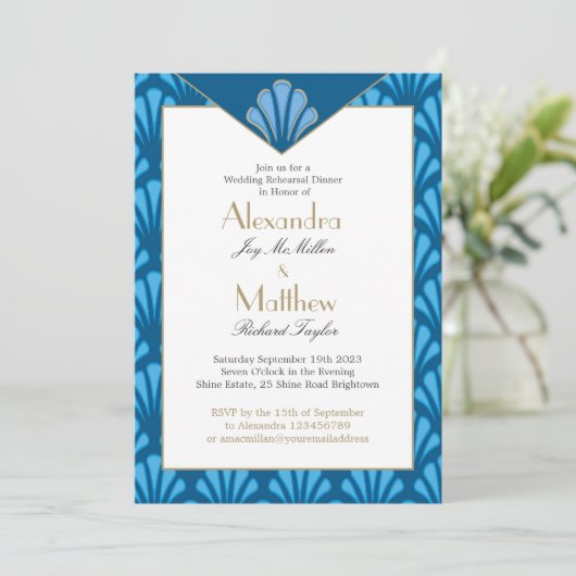 Art Deco Wedding Rehearsal Dinner Blue  Kaart (Staand voorkant)