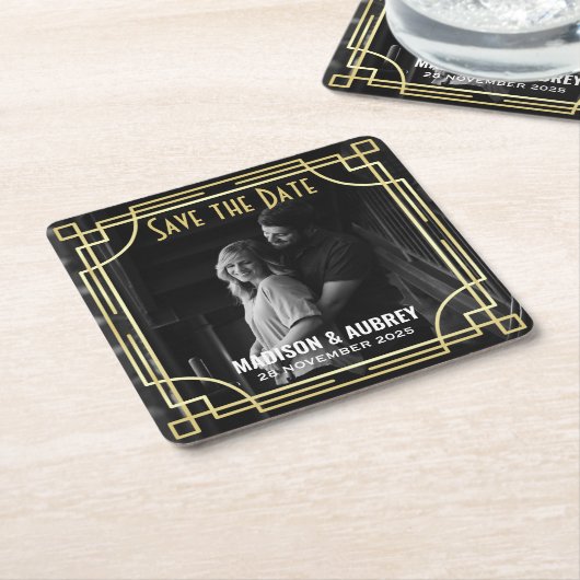 Art Deco Wedding Save the Date Add Your Photo Gold Kartonnen Onderzetters (Schuin)