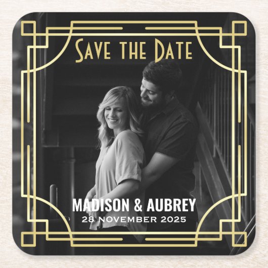 Art Deco Wedding Save the Date Add Your Photo Gold Kartonnen Onderzetters (Voorkant)