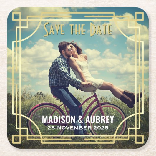 Art Deco Wedding Save the Date Add Your Photo Gold Kartonnen Onderzetters (Voorkant)