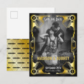 Art Deco Wedding Save the Date Gold & Black Photo Aankondigingskaart (Voorkant / Achterkant)