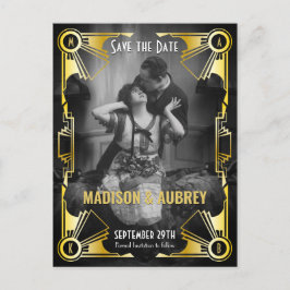 Art Deco Wedding Save the Date Gold & Black Photo Aankondigingskaart