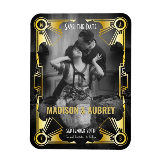 Art Deco Wedding Save the Date Gold & Black Photo Magneet (Verticaal)