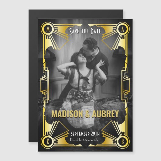 Art Deco Wedding Save the Date Gold & Black Photo Magnetische Uitnodiging (Voorkant / Achterkant)