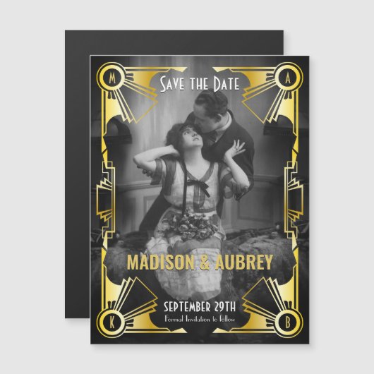Art Deco Wedding Save the Date Gold & Black Photo Magnetische Uitnodiging (Voorkant / Achterkant)