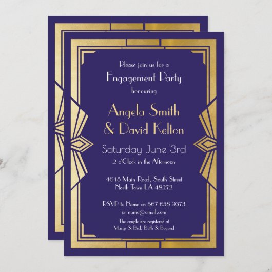 Art Deco Wedding Verloving Gatsby Navy Uitnodiging (Voorkant / Achterkant)