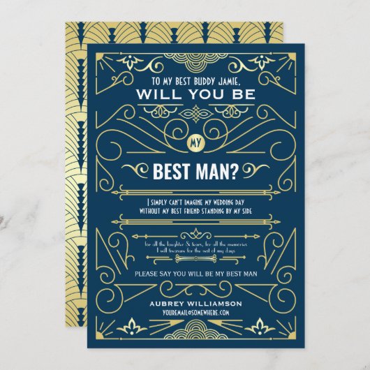 Art Deco Wedding wordt mijn beste man Gold Blue Kaart (Voorkant / Achterkant)