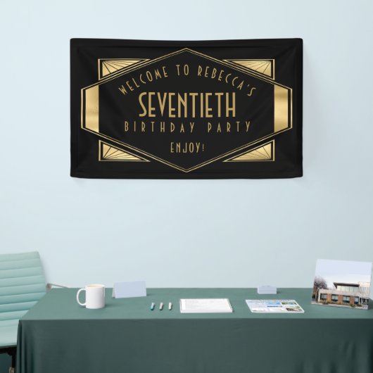 Art Deco Welkom 70ste Verjaardagsfeestje Goud Zwar Spandoek (Beurs)