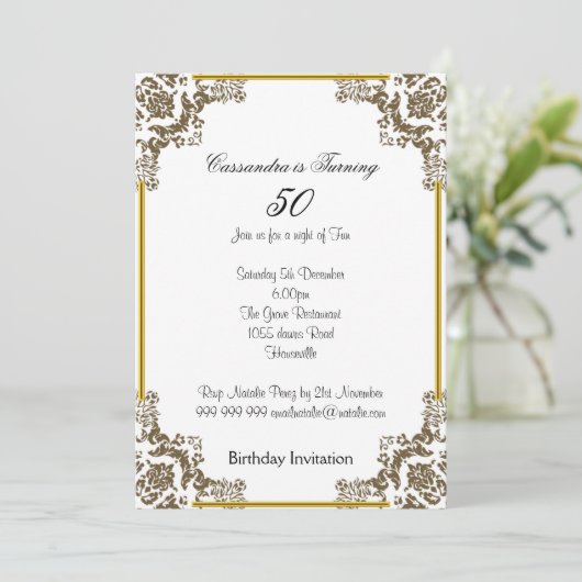 Art Deco White 50th Birthday Invitation Kaart (Staand voorkant)
