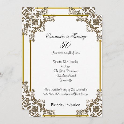 Art Deco White 50th Birthday Invitation Kaart (Voorkant / Achterkant)