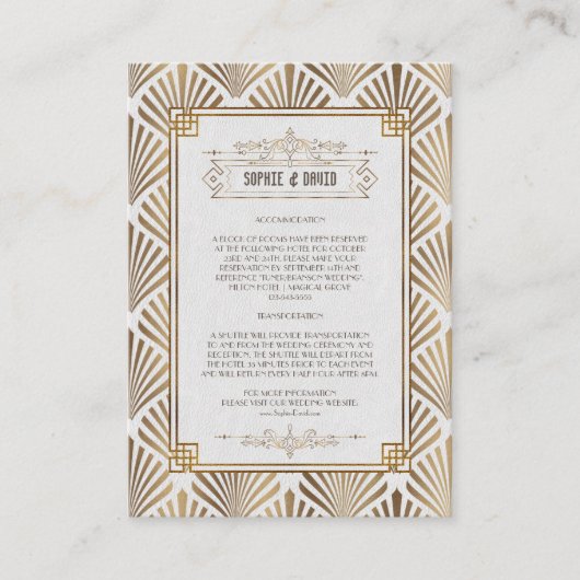 Art Deco White Gold Gatsby 1920s Wedding Details Informatiekaartje (Voorkant)