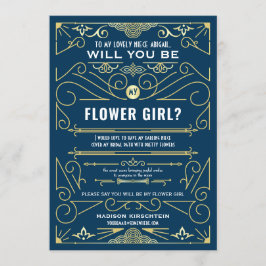 Art Deco Wil Je Mijn Bloemenmeisje Zijn Goud Blauw Kaart