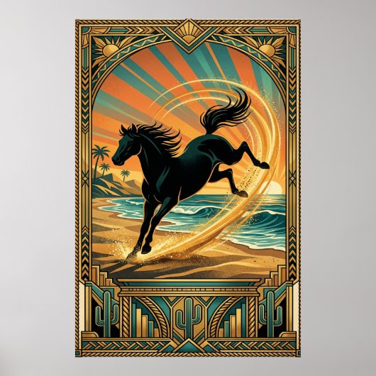 Art Deco Wild Horse Beach Sunset Teal Orange Poster (Voorkant)