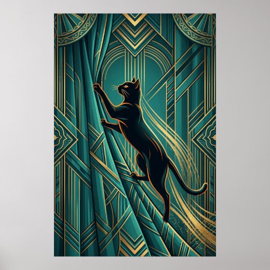 Art Deco Windowsill Black Cat Wall Art Poster (Voorkant)