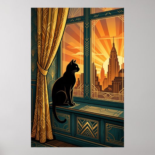 Art Deco Windowsill Gazing Cat Wall Art Poster (Voorkant)