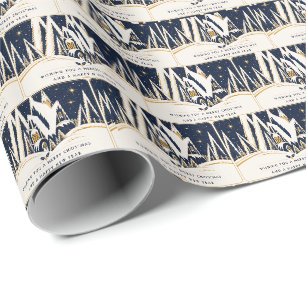 Art Deco Winter Kerst Dorp Navyblauw Cadeaupapier