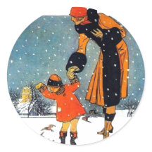 Art Deco Winter Moeder en Kind in Sneeuw Vintage