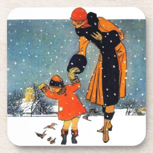 Art Deco-wintermoeder en kind in de sneeuw in vint Bier Onderzetter