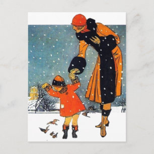 Art Deco-wintermoeder en kind in de sneeuw in vint Briefkaart