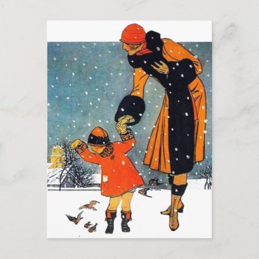 Art Deco-wintermoeder en kind in de sneeuw in vint Briefkaart (Voorkant)