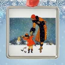 Art Deco-wintermoeder en kind in de sneeuw in vint