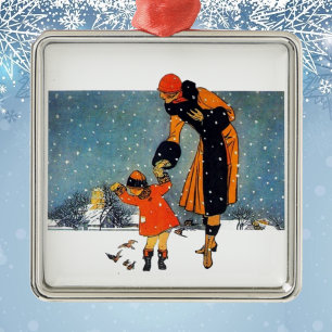 Art Deco-wintermoeder en kind in de sneeuw in vint Keramisch Ornament